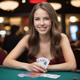 A young woman holding a hand of playing cards in one hand and a bunch of casino chips in the other hand, demonstrating a confident smile on her face. Background showing a bustling casino atmosphere.