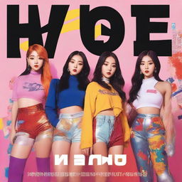 A realistic album cover art for a Korean girl group called Hype:Gen with 5 members: Isabelle, Jihye, Vanessa, Grace, and Hanni