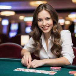 A young woman holding a hand of playing cards in one hand and a bunch of casino chips in the other hand, demonstrating a confident smile on her face. Background showing a bustling casino atmosphere.