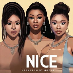 A zoomed-in, realistic album cover art for Nice Quiet, a 4-member American R&B girl group with members Jodie, Reema, Renna, and Melly