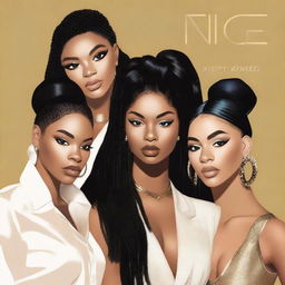 A zoomed-in, realistic album cover art for Nice Quiet, a 4-member American R&B girl group with members Jodie, Reema, Renna, and Melly