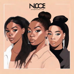 A zoomed-in, realistic album cover art for Nice Quiet, a 4-member American R&B girl group with members Jodie, Reema, Renna, and Melly