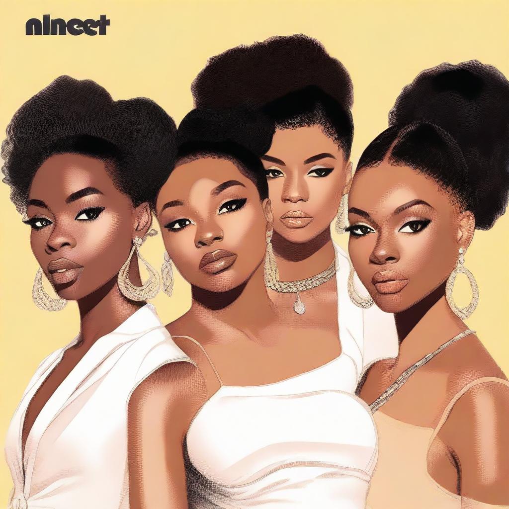 A zoomed-in, realistic album cover art for Nice Quiet, a 4-member American R&B girl group with members Jodie, Reema, Renna, and Melly