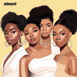 A zoomed-in, realistic album cover art for Nice Quiet, a 4-member American R&B girl group with members Jodie, Reema, Renna, and Melly