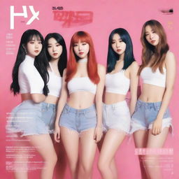 A July 2024 cover of RedGlow magazine featuring an electronic dance/seapunk (chillwave) girl group called HYPE:GEN with 5 members: Isabelle (Minji), Jihye (Danielle), Vanessa (Haerin), Grace (Hyein), and Hanni