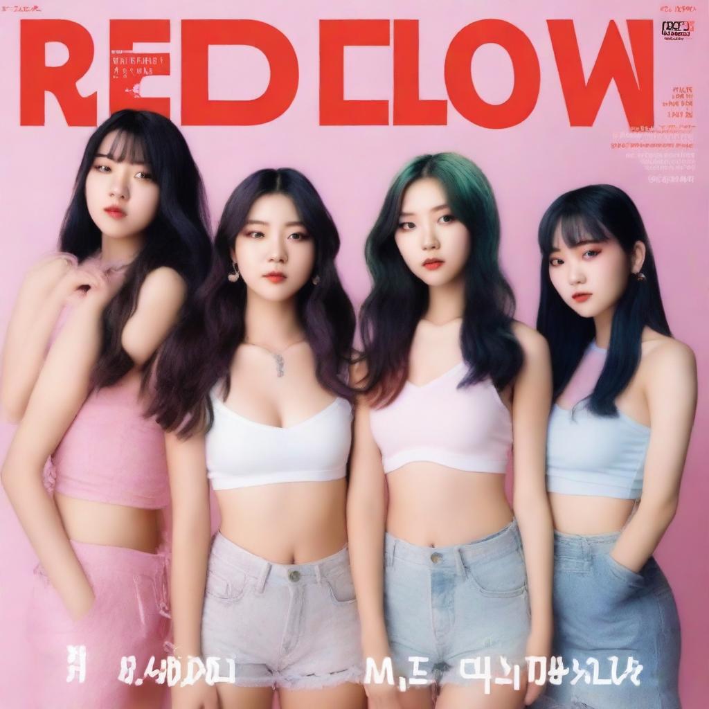 A July 2024 cover of RedGlow magazine featuring an electronic dance/seapunk (chillwave) girl group called HYPE:GEN with 5 members: Isabelle (Minji), Jihye (Danielle), Vanessa (Haerin), Grace (Hyein), and Hanni