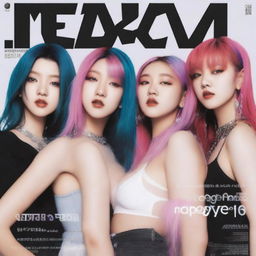 A July 2024 cover of RedGlow magazine featuring an electronic dance/seapunk (chillwave) girl group called HYPE:GEN with 5 members: Isabelle (Minji), Jihye (Danielle), Vanessa (Haerin), Grace (Hyein), and Hanni