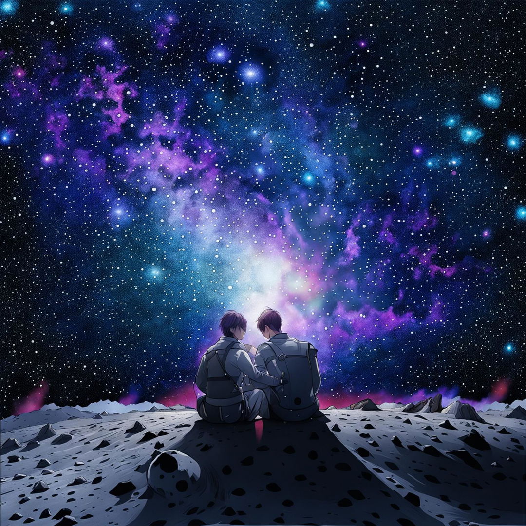 A couple sits on the moon's edge, watching the vibrant galaxy unfold before them in an awe-inspiring display of cosmic beauty.