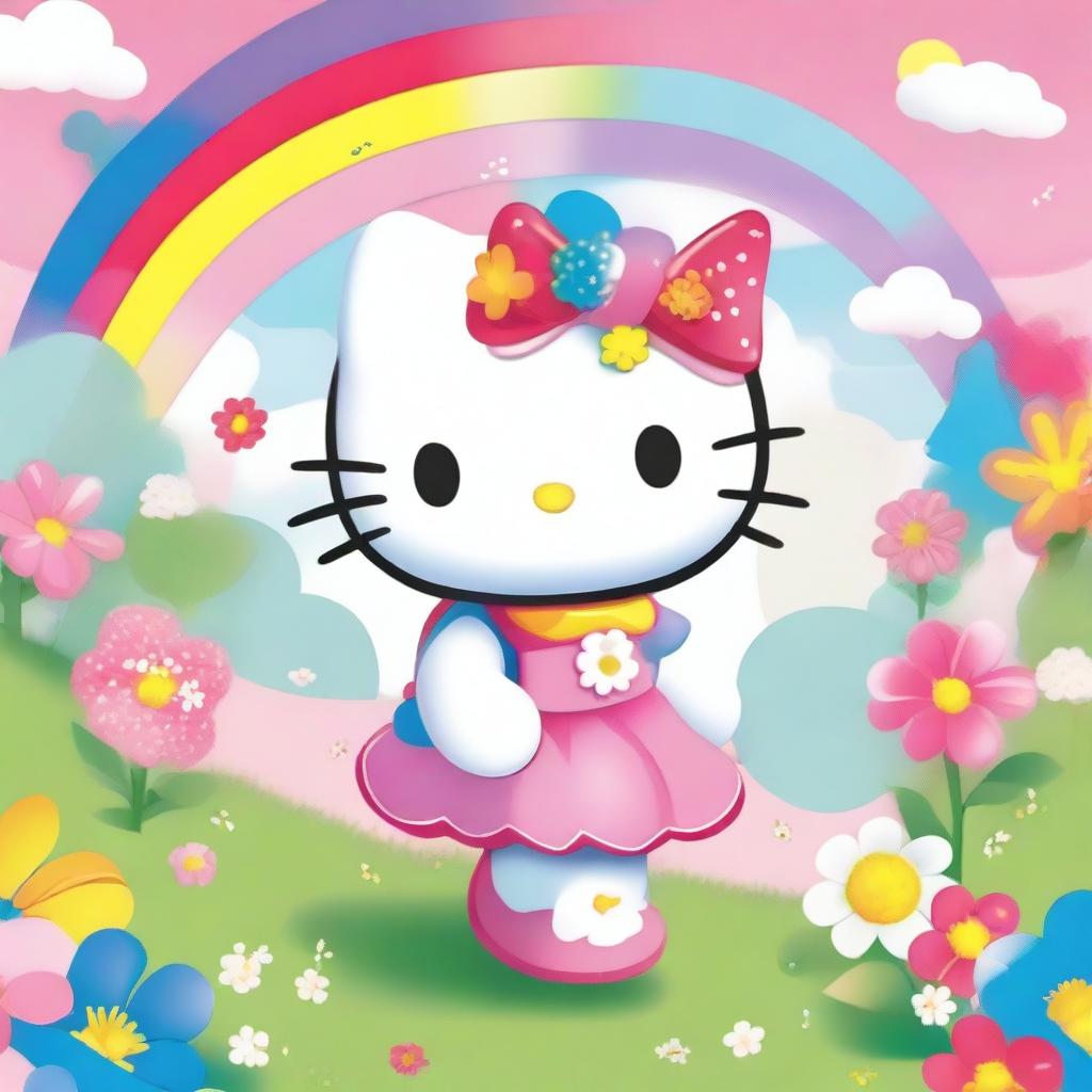 A cute and adorable Hello Kitty character, with her signature bow, standing in a colorful and cheerful environment