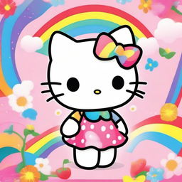 A cute and adorable Hello Kitty character, with her signature bow, standing in a colorful and cheerful environment