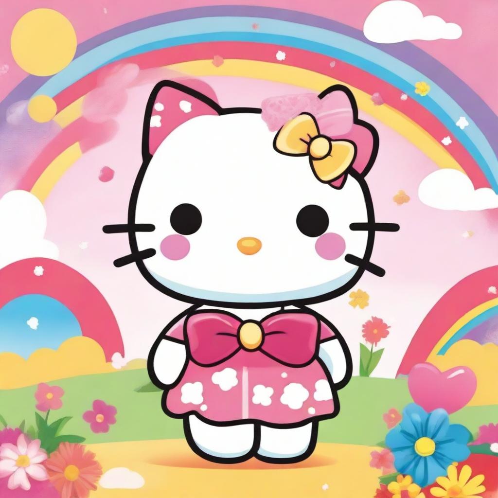 A cute and adorable Hello Kitty character, with her signature bow, standing in a colorful and cheerful environment