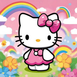 A cute and adorable Hello Kitty character, with her signature bow, standing in a colorful and cheerful environment