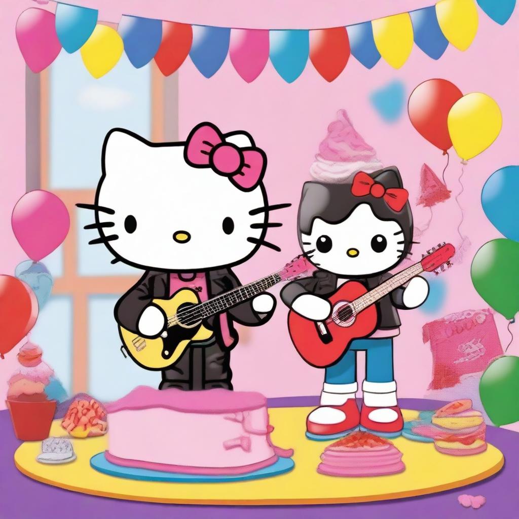 A unique scene featuring a rocker Hello Kitty dressed in a leather jacket and holding a guitar, standing next to Spiderman who is holding a cake