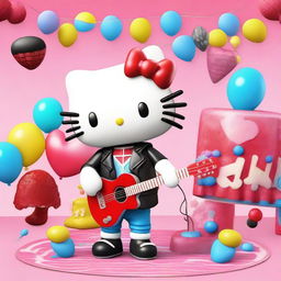 A unique scene featuring a rocker Hello Kitty dressed in a leather jacket and holding a guitar, standing next to Spiderman who is holding a cake