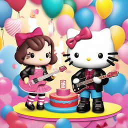 A unique scene featuring a rocker Hello Kitty dressed in a leather jacket and holding a guitar, standing next to Spiderman who is holding a cake