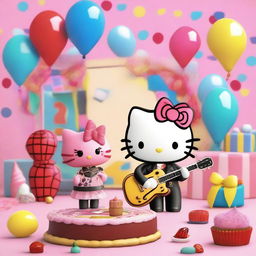 A unique scene featuring a rocker Hello Kitty dressed in a leather jacket and holding a guitar, standing next to Spiderman who is holding a cake