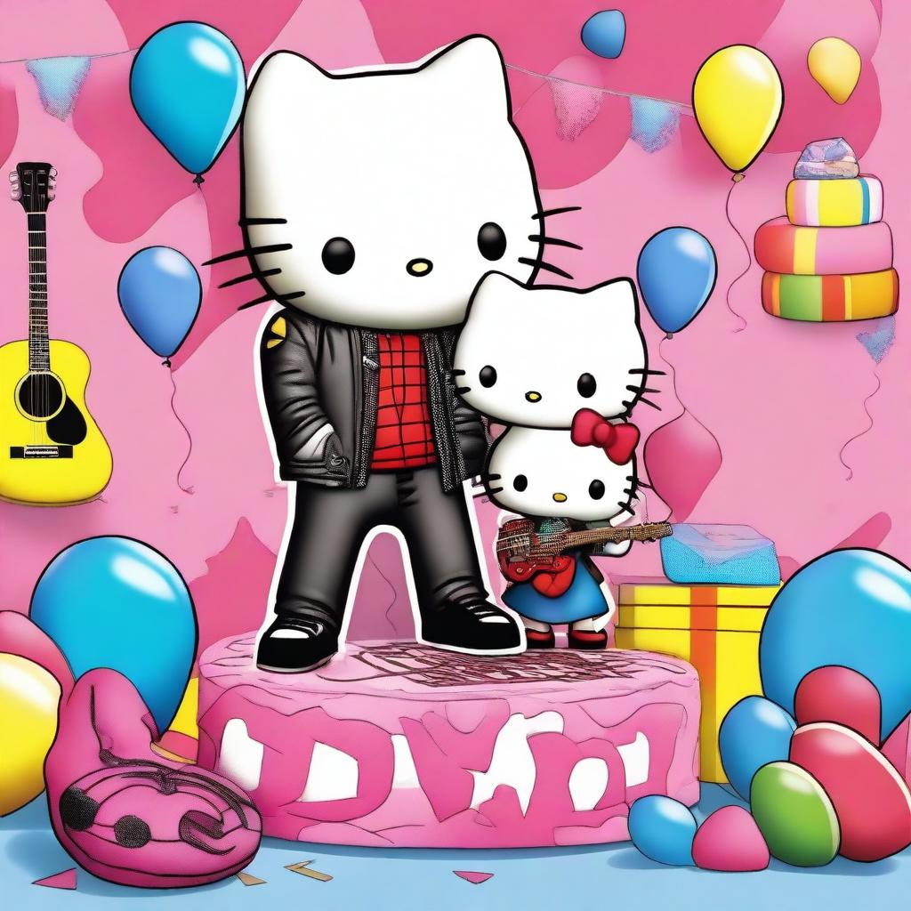 A unique scene featuring a rocker Hello Kitty dressed in a leather jacket and holding a guitar, standing next to Spiderman who is holding a cake