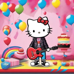 A unique scene featuring a rocker Hello Kitty dressed in a leather jacket and holding a guitar, standing next to Spiderman who is holding a cake