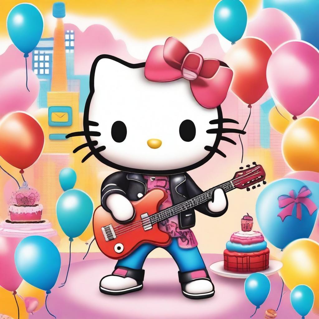 A unique scene featuring a rocker Hello Kitty dressed in a leather jacket and holding a guitar, standing next to Spiderman who is holding a cake