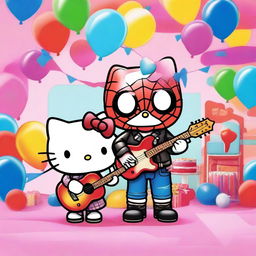 A unique scene featuring a rocker Hello Kitty dressed in a leather jacket and holding a guitar, standing next to Spiderman who is holding a cake