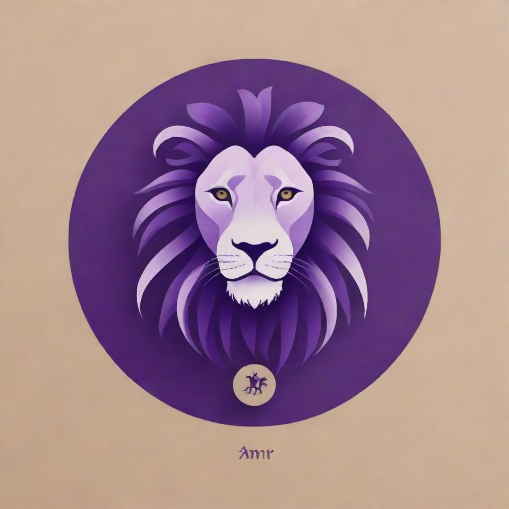 Create an elegant personal logo for 'Amir', fusing elements of poultry veterinary medicine, the Gemini zodiac sign, a lion, and the color violet. Style it like a simple yet luxurious acrylic painting that Amir can replicate.