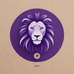 Create an elegant personal logo for 'Amir', fusing elements of poultry veterinary medicine, the Gemini zodiac sign, a lion, and the color violet. Style it like a simple yet luxurious acrylic painting that Amir can replicate.