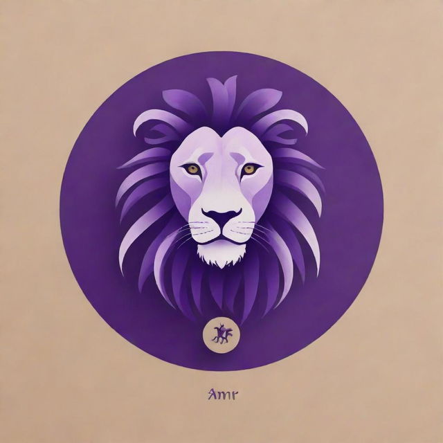 Create an elegant personal logo for 'Amir', fusing elements of poultry veterinary medicine, the Gemini zodiac sign, a lion, and the color violet. Style it like a simple yet luxurious acrylic painting that Amir can replicate.
