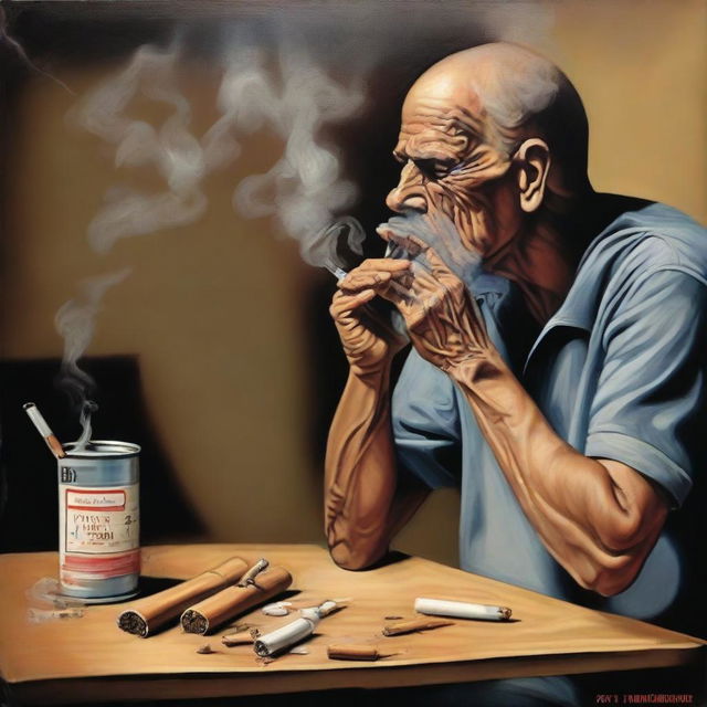 A detailed painting depicting the harmful effects of tobacco abuse