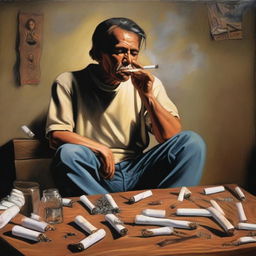 A detailed painting depicting the harmful effects of tobacco abuse