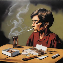 A detailed painting depicting the harmful effects of tobacco abuse