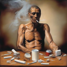 A detailed painting depicting the harmful effects of tobacco abuse