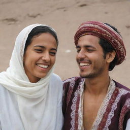 A Yemeni girl and her boyfriend, both in traditional clothing, enjoying a moment of joy and laughter together