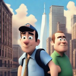 A movie poster for a 9/11 themed film created by Pixar, featuring animated characters with expressive faces, set against a backdrop of New York City skyline