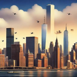 A movie poster for a 9/11 themed film created by Pixar, featuring animated characters with expressive faces, set against a backdrop of New York City skyline