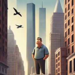 A movie poster for a 9/11 themed film created by Pixar, featuring animated characters with expressive faces, set against a backdrop of New York City skyline