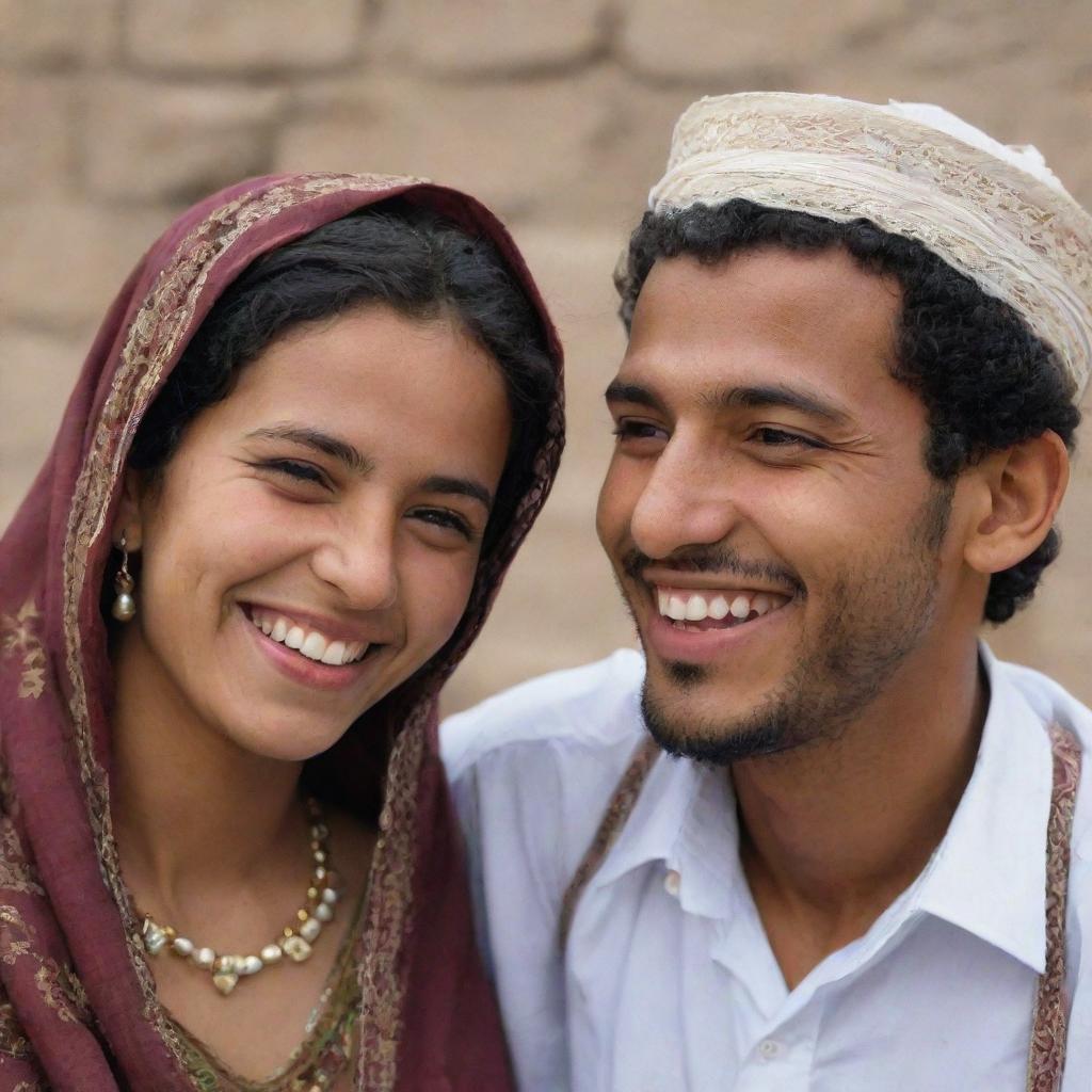 A Yemeni girl and her boyfriend, both in traditional clothing, enjoying a moment of joy and laughter together