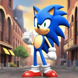 Sonic the Hedgehog is in a heated argument with a character, set in a cityscape background