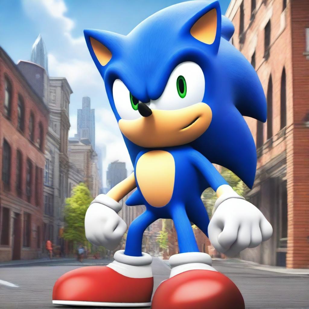 Sonic the Hedgehog is in a heated argument with a character, set in a cityscape background