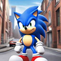 Sonic the Hedgehog is in a heated argument with a character, set in a cityscape background