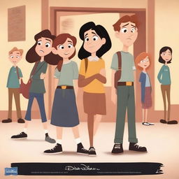 A movie poster for a school shooting themed film created by Disney, featuring animated characters with expressive faces, set in a school environment