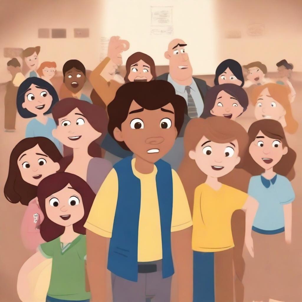 A movie poster for a school shooting themed film created by Disney, featuring animated characters with expressive faces, set in a school environment