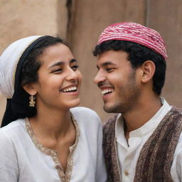 A Yemeni girl and her boyfriend, both in traditional clothing, enjoying a moment of joy and laughter together