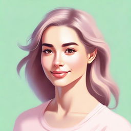 A detailed portrait of a female character with a serene expression, set against a soft, pastel-colored background