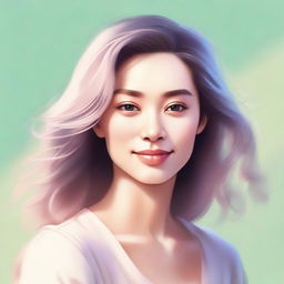 A detailed portrait of a female character with a serene expression, set against a soft, pastel-colored background