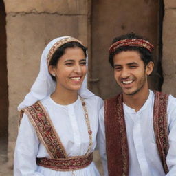 A Yemeni girl and her boyfriend, both in traditional clothing, enjoying a moment of joy and laughter together