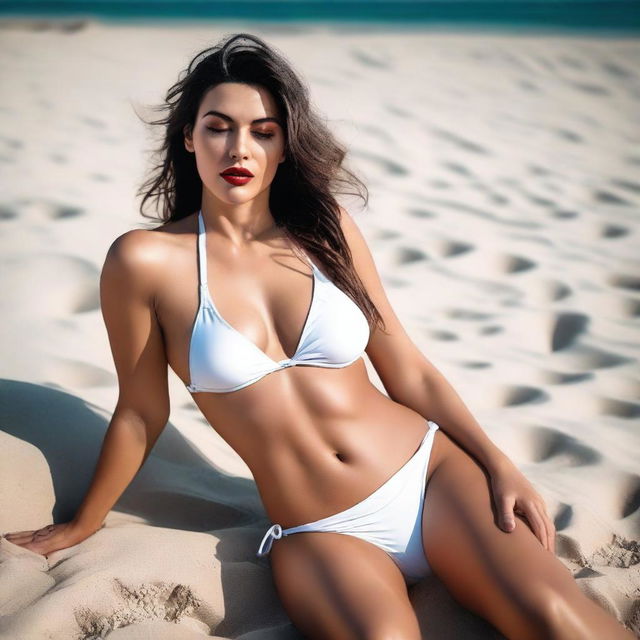 A brunette woman with red lips wearing a sexy white bikini sitting on the beach sand