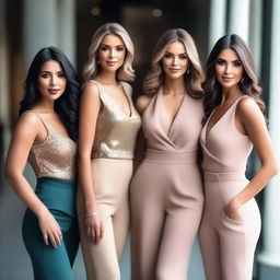 A group of attractive women posing confidently in a stylish and elegant setting