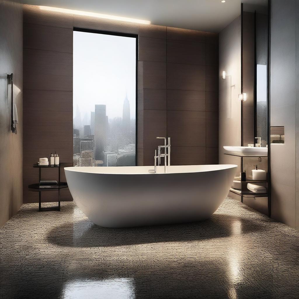 A seductive scene set in a modern bathroom with dim lighting, featuring a stylish and elegant ambiance