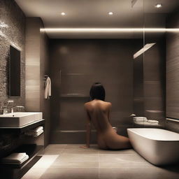 A seductive scene set in a modern bathroom with dim lighting, featuring a stylish and elegant ambiance