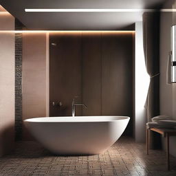 A seductive scene set in a modern bathroom with dim lighting, featuring a stylish and elegant ambiance